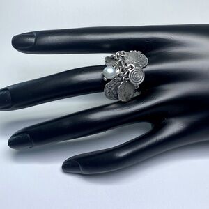 Silpada Rare HTF Oxidized Engraved Wide Sterling & Pearl ChaCha Dangle Ring 5.75